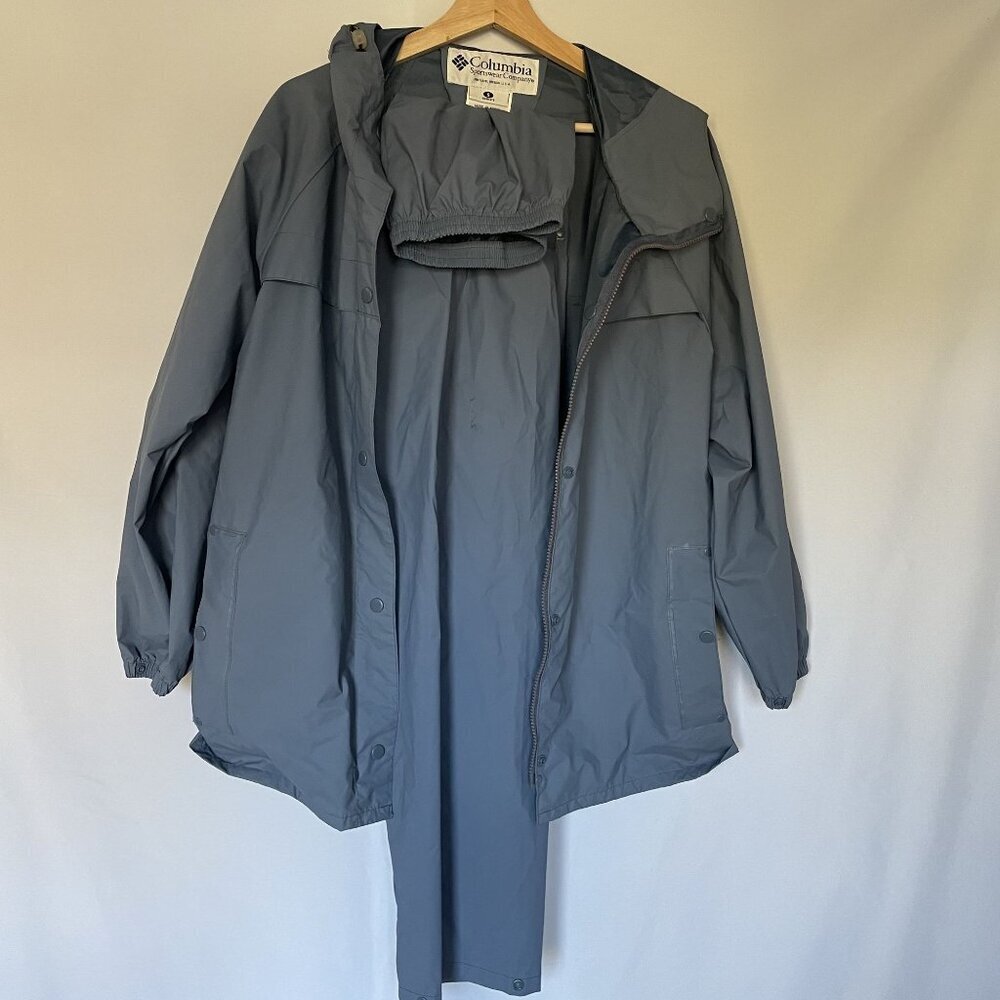 Columbia dusty blue jacket pants set women's size small raincoat pockets hood